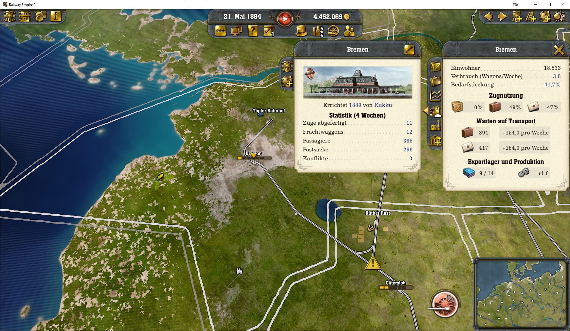 Screenshot: Railway Empire 2 Hud-Dialog for Town and Station